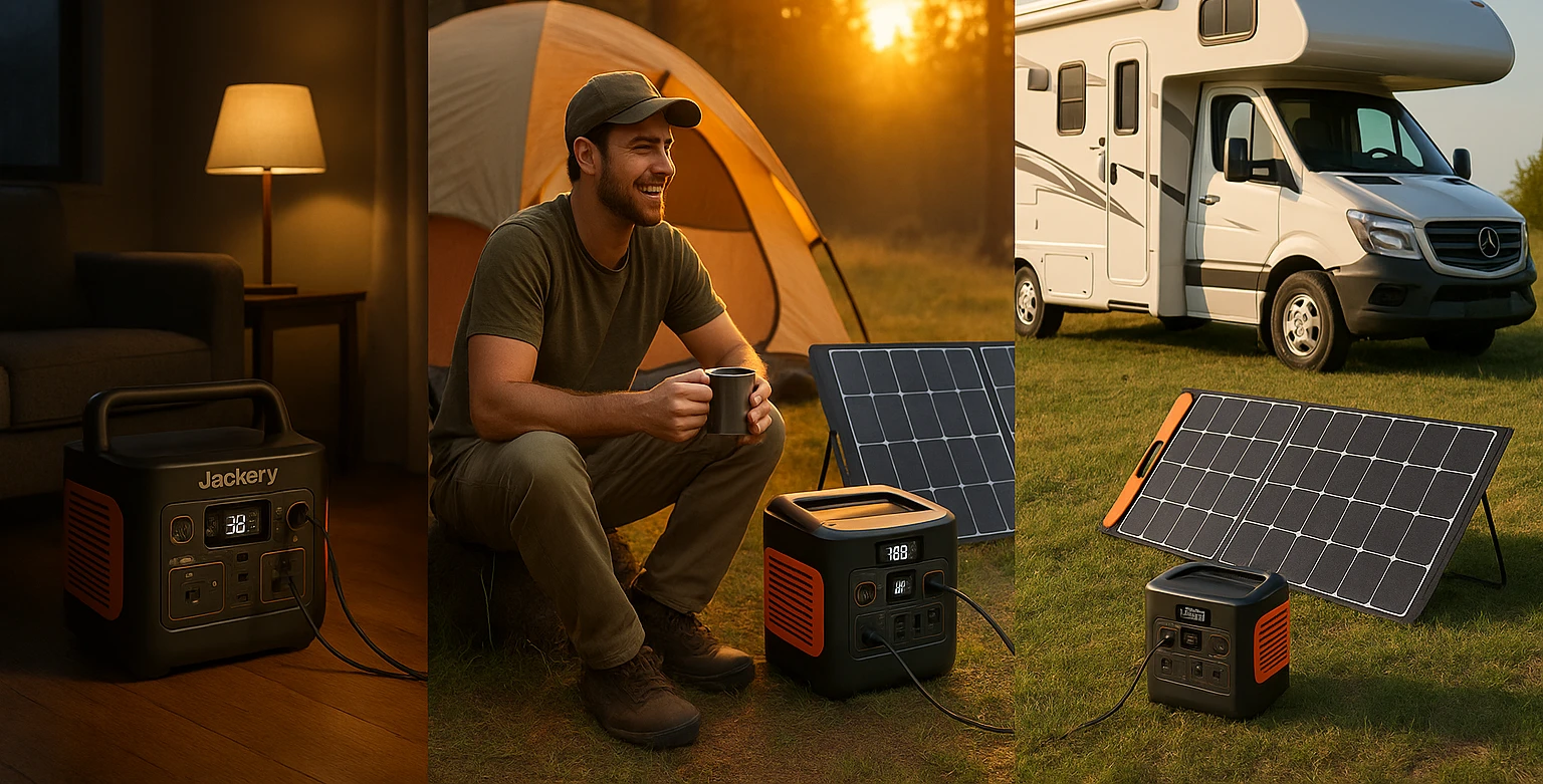 Solar generator in use across three settings: powering a living room during an outage, supporting a campsite at sunrise, and running devices next to an RV for off-grid living