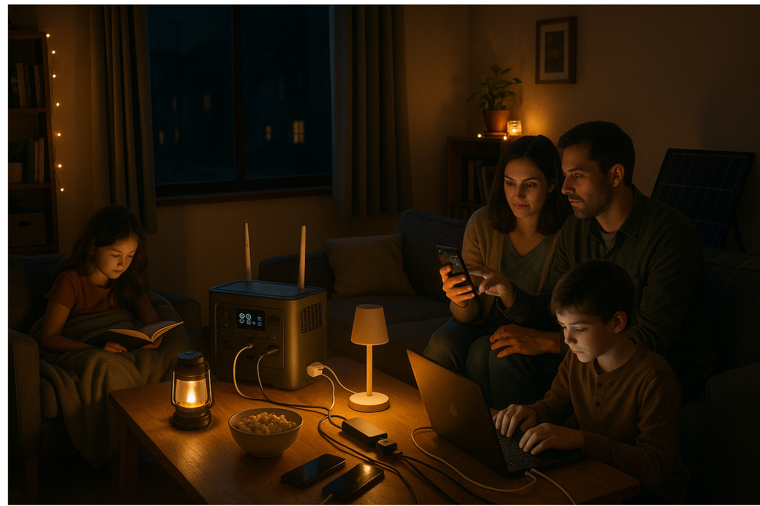 A family using solar generators to power devices during a home power outage.