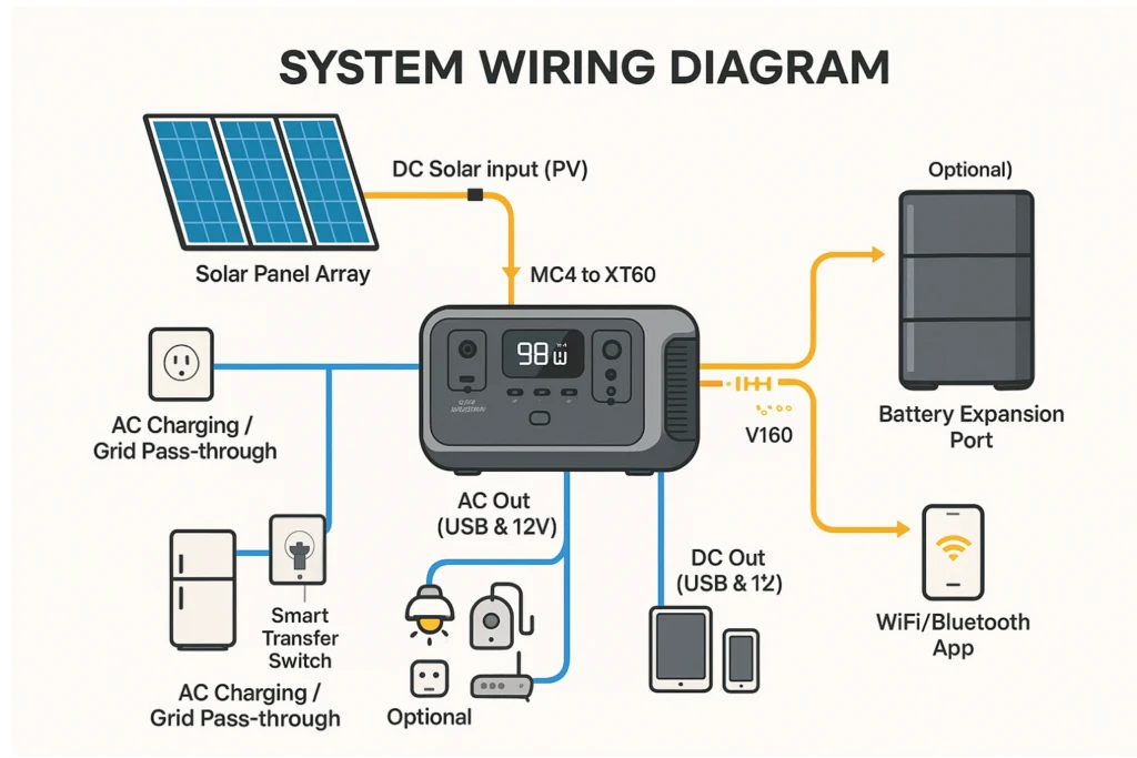 Wiring diagram for home backup power with a solar generator system