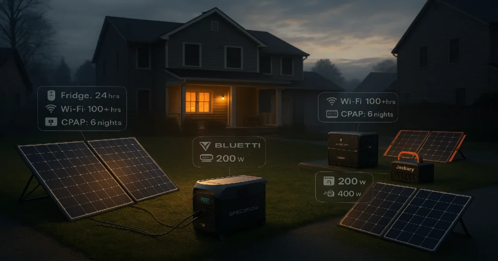 Realistic scene showing best solar generators for home backup with EcoFlow, Bluetti, and Jackery units powering a suburban home