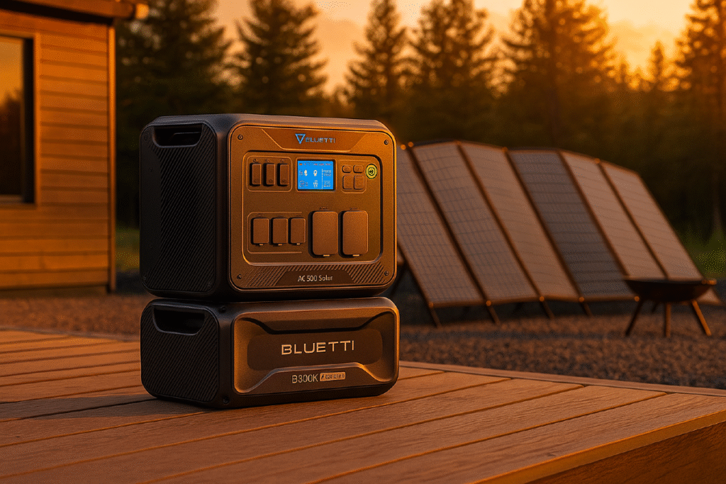 Bluetti solar generator AC500 with B300K and solar panels at sunset off-grid