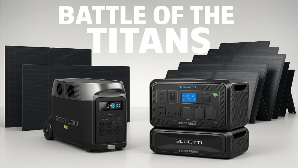 Bluetti vs EcoFlow solar generators side-by-side with solar panels