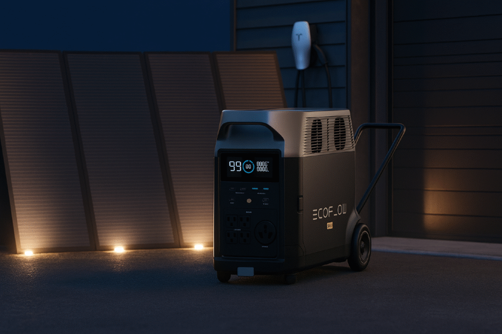 EcoFlow Delta Pro solar generator charging with panels in driveway at night