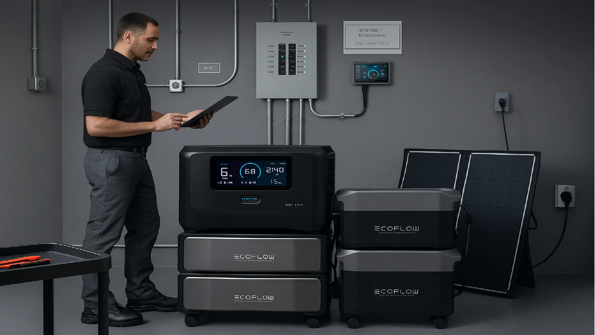 EcoFlow Delta Pro Ultra power station with extra battery and Smart Home Panel in a professional energy control room
