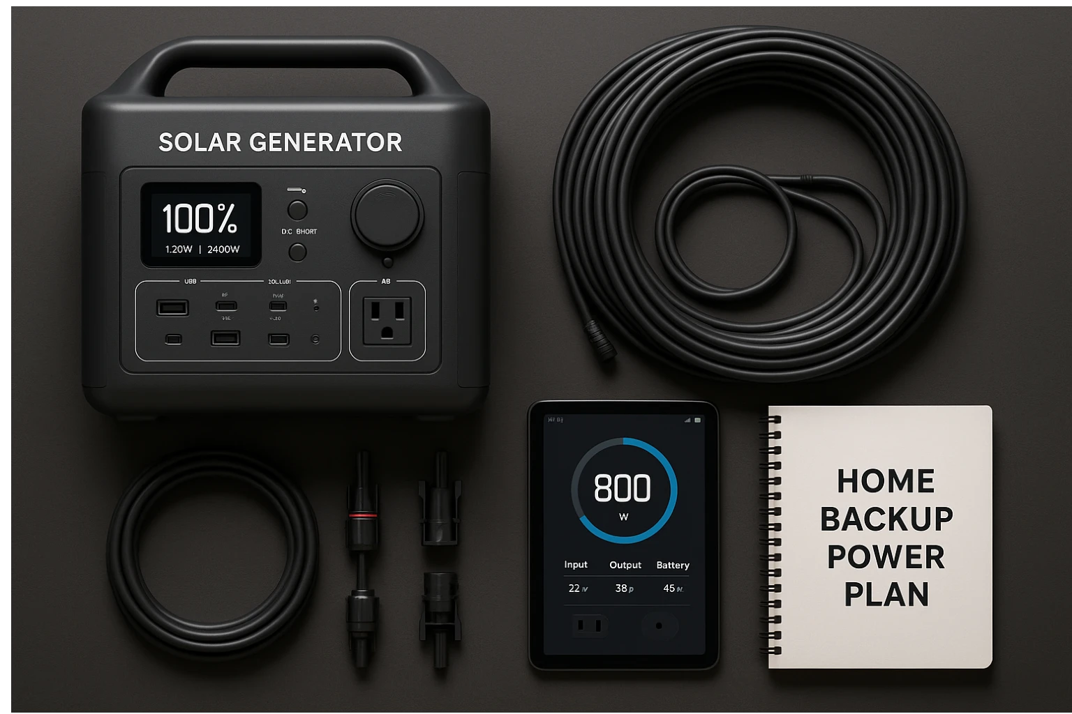 Home backup power setup with solar generator, cables, and power monitoring tablet